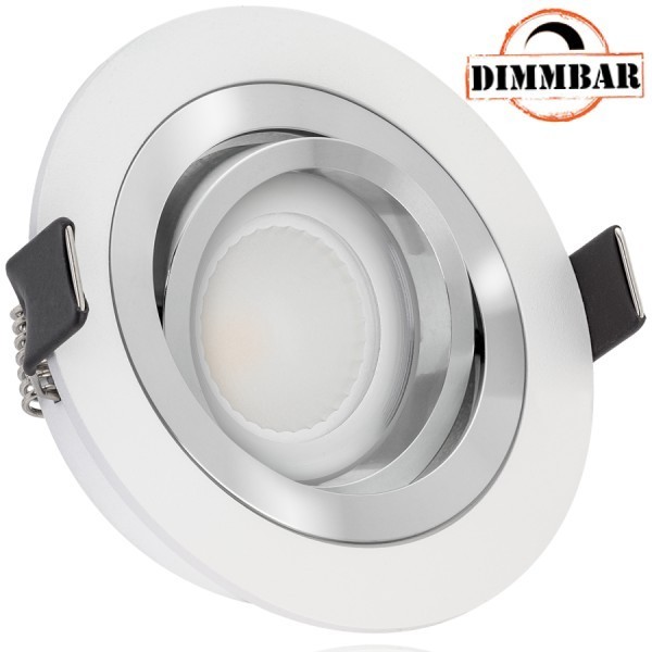 LED Einbaustrahler Set EXTRA FLACH (35mm) in Bicolor (chrom / weiß) mit LED Markenleuchtmittel von LEDANDO - 6W DIMMBAR - 2.700 Kelvin warmweiss - Ra > 90 - 120° Abstrahlwinkel - schwenkbar - 30W Ersatz - COB LED