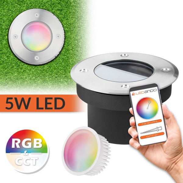 LEDANDO WiFi LED Bodeneinbaustrahler - silber - rund - RGB CCT - IP67 - 80mm - Tuya - Smart - Bodens